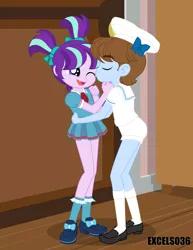 Size: 2550x3300 | Tagged: safe, artist:excelso36, derpibooru import, starlight glimmer, oc, oc:blue bonnet, equestria girls, canon x oc, clothes, commission, female, glimbonnet, hat, image, jpeg, kissy face, lesbian, little girl, one eye closed, pigtails, pleated skirt, sailor uniform, shipping, shoes, shorts, skirt, socks, twintails, uniform, younger