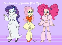 Size: 1024x745 | Tagged: safe, artist:tmntsam, derpibooru import, fluttershy, pinkie pie, rarity, equestria girls, alternate universe, blouse, cheek fluff, clothes, fur, fur coat, furry human, high heels, image, jpeg, partial nudity, shoes