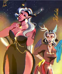 Size: 540x653 | Tagged: safe, artist:darksinfonic, derpibooru import, discord, lord tirek, human, breasts, busty eris, busty lady tirek, cleavage, clothes, dress, eris, female, gay, grin, hand on hip, height difference, horn, horned humanization, humanized, image, jpeg, lady tirek, lesbian, looking at each other, male, rule 63, scorpan's necklace, shipping, smiling, tattoo, tirekcord, winged humanization, wings