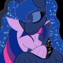 Size: 500x500 | Tagged: safe, derpibooru import, princess luna, twilight sparkle, alicorn, bisexual, cuddling, fanart, female, hug, image, lesbian, my little pony, png, shipping, twilight sparkle (alicorn), twiluna, winghug, wings