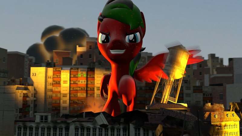 Size: 2048x1152 | Tagged: semi-grimdark, derpibooru import, oc, oc:crimson fall, unofficial characters only, pegasus, pony, 3d, building, city, destruction, giant pony, image, jpeg, macro, male, source filmmaker, stallion