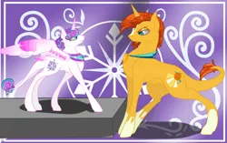 Size: 1875x1175 | Tagged: safe, artist:byemyfriends, derpibooru import, princess flurry heart, sunburst, alicorn, pony, unicorn, abstract background, coat markings, duo, female, filly, horn, image, jpeg, male, older, older flurry heart, socks (coat marking), stallion, wings