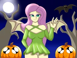 Size: 1024x768 | Tagged: safe, artist:hwers, derpibooru import, fluttershy, bat, bat pony, equestria girls, bat ponified, clothes, equestria girls-ified, female, flutterbat, full moon, halloween, holiday, image, jack-o-lantern, moon, night, png, pumpkin, race swap, skirt, smiling, solo, spread wings, tree, waving, wings