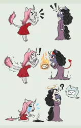 Size: 520x820 | Tagged: safe, artist:askbubblelee, derpibooru import, oc, oc:rosie quartz, oc:starling quartz, unofficial characters only, anthro, pony, unguligrade anthro, anthro oc, burning, clothes, comic, crying, devil horns, devil tail, digital art, dress, envelope, female, image, laughing, mare, mother and child, mother and daughter, png