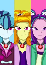 Size: 1240x1748 | Tagged: safe, artist:hwers, derpibooru import, adagio dazzle, aria blaze, sonata dusk, equestria girls, bust, clothes, female, image, jewelry, necklace, one eye closed, png, smiling, the dazzlings, wink