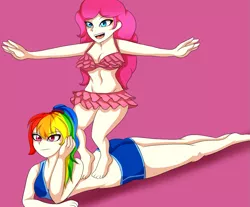 Size: 921x762 | Tagged: safe, artist:hwers, derpibooru import, pinkie pie, rainbow dash, human, barefoot, bra, clothes, duo, feet, humanized, image, pink background, png, shorts, simple background, skirt, smiling, underwear