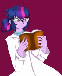 Size: 2407x2932 | Tagged: safe, artist:hwers, derpibooru import, sci-twi, twilight sparkle, equestria girls, book, clothes, female, glasses, image, lab coat, png, purple background, reading, simple background, solo