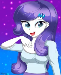 Size: 1107x1360 | Tagged: safe, artist:hwers, derpibooru import, rarity, equestria girls, :d, abstract background, bust, clothes, eyelashes, female, hairclip, image, open mouth, png, signature, smiling, solo