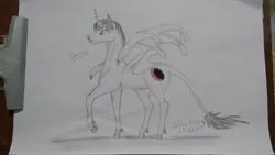 Size: 2048x1152 | Tagged: safe, artist:júlia alves veronez, derpibooru import, oc, oc:deimos, unofficial characters only, alicorn, bat pony, bat pony alicorn, pony, bat pony oc, bat wings, horn, image, jpeg, leonine tail, male, solo, stallion, traditional art, wings