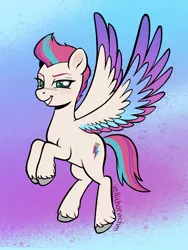 Size: 1521x2021 | Tagged: safe, artist:vellichorvictim, derpibooru import, zipp storm, pegasus, pony, my little pony: a new generation, colored wings, digital art, eyebrows, female, flying, g5, gradient background, image, jpeg, mare, multicolored wings, smiling, solo, toothy grin, unshorn fetlocks, wings