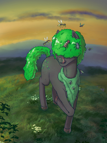 Size: 2400x3200 | Tagged: safe, artist:kovalev, derpibooru import, oc, unofficial characters only, earth pony, fly, insect, wasp, afro, bushy tail, chaos, chaos cultist, crossover, image, infestation, jpeg, mark of nurgle, meadow, nurgle, shawl, solo, warhammer 40k, warhammer (game)