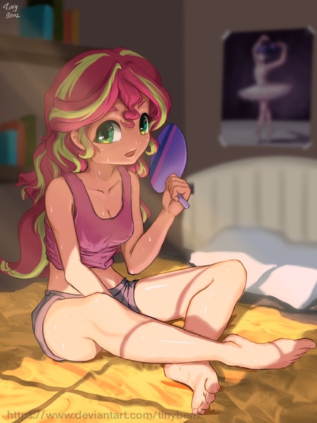 Size: 967x1290 | Tagged: safe, artist:tinybenz, derpibooru import, sci-twi, sunset shimmer, twilight sparkle, human, equestria girls, barefoot, bed, bedroom, bookshelf, breasts, cleavage, clothes, crossed legs, cute, denim shorts, fan, feet, female, grey bottomwear, human coloration, image, implied lesbian, implied scitwishimmer, implied shipping, incorrect eye color, indoors, jpeg, midriff, on bed, pillow, pink topwear, poster, shiny skin, shorts, sitting, solo, solo female, sweat, tanktop, tomboy, two toned hair, watermark