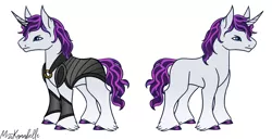 Size: 1830x944 | Tagged: safe, artist:misskanabelle, derpibooru import, oc, unofficial characters only, pony, unicorn, armor, crack ship offspring, duo, horn, image, male, parent:fleur-de-lis, parent:shining armor, png, signature, simple background, stallion, unicorn oc, white background