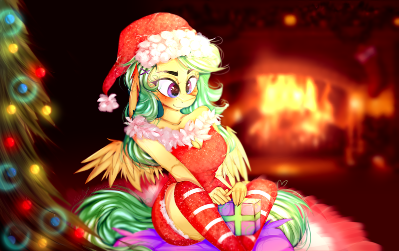 Size: 4758x3000 | Tagged: safe, artist:chrysgalaxy, derpibooru import, oc, unofficial characters only, anthro, pegasus, blushing, christmas, christmas lights, christmas tree, clothes, female, fireplace, hat, holiday, image, indoors, pegasus oc, png, present, santa hat, sitting, smiling, socks, solo, stockings, thigh highs, tree, wings