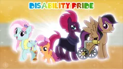 Size: 5360x3009 | Tagged: safe, artist:andoanimalia, derpibooru import, fizzlepop berrytwist, kerfuffle, scootaloo, stellar eclipse, tempest shadow, pegasus, pony, unicorn, absurd resolution, broken horn, disability, disability pride, female, filly, grin, horn, image, looking at you, male, mare, open mouth, open smile, png, smiling, smiling at you, stallion