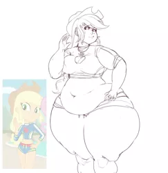 Size: 1200x1235 | Tagged: suggestive, artist:sirmasterdufel, derpibooru import, applejack, human, equestria girls, applebucking thighs, belly, big belly, butt, chubby, chubby cheeks, exposed belly, fat, image, jpeg, large butt, thick, wide hips