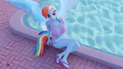 Size: 3840x2160 | Tagged: suggestive, artist:wintersarts, derpibooru import, rainbow dash, anthro, pegasus, plantigrade anthro, 3d, 4k, bikini, blender, blender cycles, blushing, clothes, female, flip-flops, image, not sfm, png, poolside, see-through, shirt, sitting, solo, solo female, swimsuit