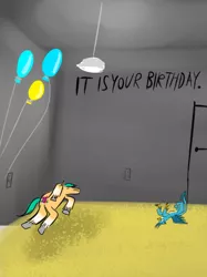 Size: 500x667 | Tagged: safe, artist:horsesplease, derpibooru import, gallus, hitch trailblazer, pinkie pie, g5, balloon, drunk, gallus the rooster, image, it is your birthday, meme, png, ponified meme, rolling, sad, sad hitch