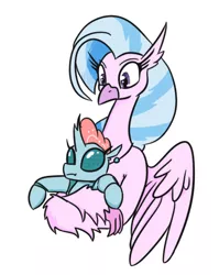 Size: 369x463 | Tagged: safe, artist:jargon scott, derpibooru import, ocellus, silverstream, changedling, changeling, classical hippogriff, hippogriff, duo, female, holding a changeling, hug, image, png, simple background, white background