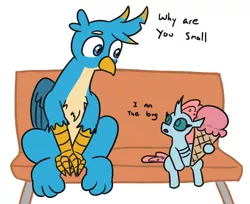 Size: 716x583 | Tagged: safe, artist:jargon scott, derpibooru import, gallus, ocellus, changedling, changeling, gryphon, bench, dialogue, duo, female, food, ice cream, ice cream cone, image, male, png, simple background, sitting, size difference, smol, white background