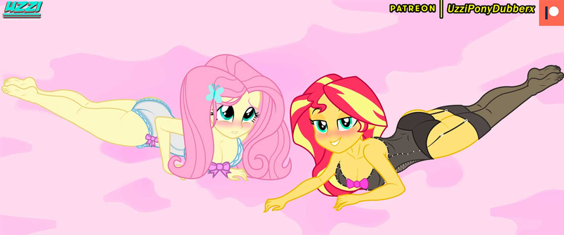 Size: 1280x534 | Tagged: suggestive, artist:uzzi-ponydubberx, derpibooru import, fluttershy, sunset shimmer, equestria girls, ass, bedroom eyes, big breasts, blushing, breasts, busty fluttershy, busty sunset shimmer, butt, christmas, christmas stocking, cleavage, clothes, commission, female, garters, holiday, image, jpeg, lesbian, lingerie, looking at you, shipping, stocking feet, sunshyne