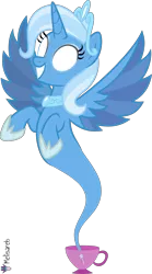 Size: 4000x7190 | Tagged: safe, alternate version, artist:melisareb, derpibooru import, idw, trixie, alicorn, genie, genie pony, pony, .svg available, absurd resolution, alicornified, crown, cup, eyeshadow, female, geniefied, glowing eyes, idw showified, image, jewelry, makeup, mare, png, race swap, regalia, simple background, smiling, solo, teacup, transparent background, trixiecorn, vector, wings, xk-class end-of-the-world scenario