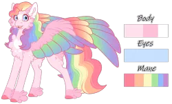 Size: 1688x1018 | Tagged: safe, alternate version, artist:nobleclay, derpibooru import, oc, oc:keepsake, pegasus, pony, colored wings, female, image, magical lesbian spawn, mare, multicolored wings, offspring, parent:applejack, parent:rainbow dash, parents:appledash, png, rainbow wings, reference sheet, simple background, solo, transparent background, wings