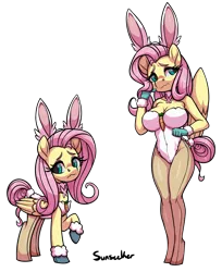 Size: 2784x3409 | Tagged: suggestive, alternate version, artist:moonseeker, derpibooru import, fluttershy, anthro, pegasus, pony, unguligrade anthro, anthro ponidox, big breasts, breasts, bunny suit, bunnyshy, busty fluttershy, cleavage, clothes, duo, duo female, embarrassed, female, high res, huge breasts, image, mare, png, self ponidox, simple background, transparent background, wavy mouth