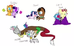 Size: 1280x800 | Tagged: safe, artist:doodletheexpoodle, derpibooru import, discord, doctor whooves, flim, starlight glimmer, sunburst, time turner, trixie, twilight sparkle, twilight sparkle (alicorn), zecora, alicorn, draconequus, pony, blanket, blushing, blushing profusely, book, bookhorse, chibi, cider, cute, diatrixes, female, flixie, heart, image, male, png, running, shipping, simple background, starwhooves, straight, twiburst, white background, zecord