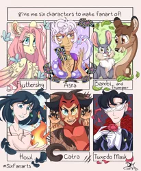 Size: 1280x1554 | Tagged: safe, artist:dreamkeeperuwu, derpibooru import, fluttershy, butterfly, deer, human, insect, pegasus, pony, snake, six fanarts, asra, bambi, catra, chest fluff, ear fluff, female, flower, howl, howl's moving castle, image, jpeg, male, mare, rabit, rose, sailor moon, she-ra, the arcana, thumper, tuxedo mask