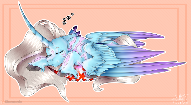 Size: 3492x1932 | Tagged: safe, artist:chazmazda, derpibooru import, oc, oc:the queen, alicorn, earth pony, pegasus, pony, unicorn, background, carpet, colored wings, cute, diamond, fangs, feather, glow, gradient, gradient wings, highlight, highlights, hoof fluff, hooves, horn, image, long hair, markings, photo, png, shading, shine, sleeping, solo, teeth, wings