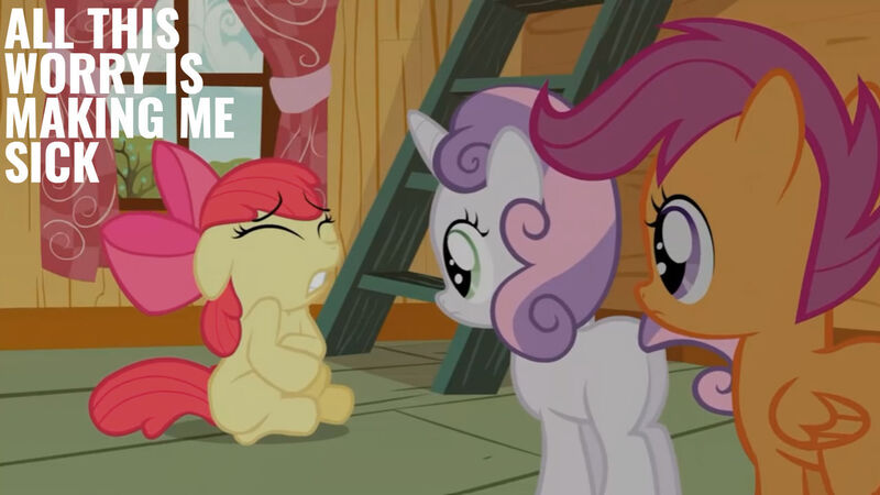 Size: 1280x720 | Tagged: safe, derpibooru import, edit, edited screencap, editor:quoterific, screencap, apple bloom, scootaloo, sweetie belle, earth pony, pegasus, pony, unicorn, family appreciation day, season 2, apple bloom's bow, bow, clubhouse, crusaders clubhouse, cutie mark crusaders, eyes closed, female, filly, hair bow, image, jpeg