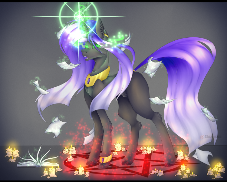 Size: 5000x4000 | Tagged: safe, artist:chazmazda, derpibooru import, oc, oc:midnight fade, alicorn, earth pony, pegasus, pony, unicorn, background, black magic, book, burning candles, candle, ear piercing, earring, female, fluffy, fullbody, gold, hair, highlight, highlights, horn, image, jewelry, long hair, magic, paper, particles, pentagram, photo, piercing, png, shade, shading, shine, simple background, solo, speedpaint, spell, spells