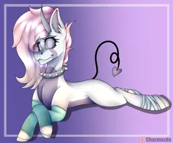 Size: 1305x1080 | Tagged: safe, artist:chazmazda, derpibooru import, oc, oc:angelica, alicorn, demon, earth pony, pegasus, pony, unicorn, accessories, background, bandage, clothes, collar, demon horns, demon tail, gradient, gradient background, hair, heart tail, highligh, highlights, highlited, horns, image, long hair, markings, photo, png, shade, shading, socks, solo, tail
