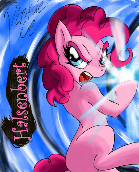 Size: 1280x1582 | Tagged: safe, artist:halsenbert, derpibooru import, pinkie pie, earth pony, pony, abstract background, bipedal, dragon ball, dragon ball z, female, image, jpeg, kamehameha, mare, missing cutie mark, open mouth, solo