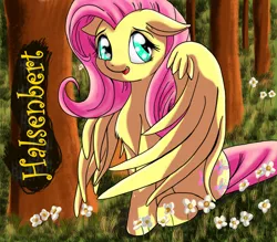 Size: 1280x1122 | Tagged: safe, artist:halsenbert, derpibooru import, fluttershy, pegasus, pony, female, floppy ears, flower, forest, image, jpeg, mare, sitting, solo, tree