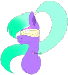 Size: 3528x3884 | Tagged: safe, artist:chazmazda, derpibooru import, oc, pony, bandage, bust, flatcolour, green hair, image, long hair, payment art, photo, png, ponytail, portrait, present, sad, scar, solo, transparent, unamused, upset