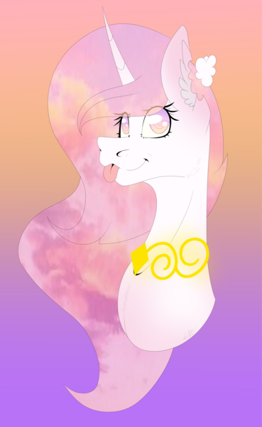 Size: 3925x6390 | Tagged: safe, artist:chazmazda, derpibooru import, oc, alicorn, earth pony, pegasus, pony, unicorn, :p, background, bust, cloud, eye, eyes, gold, golden, gradient, gradient background, happy, horn, image, jewelry, long hair, necklace, payment art, photo, png, portrait, smiling, solo, tongue out