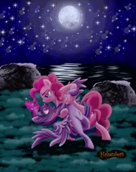 Size: 1183x1493 | Tagged: safe, artist:halsenbert, derpibooru import, pinkie pie, twilight sparkle, twilight sparkle (alicorn), alicorn, earth pony, pony, belly button, bipedal, dancing, female, full moon, glowing horn, horn, image, lesbian, looking at each other, moon, night, png, shipping, twinkie