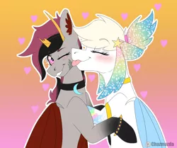 Size: 2290x1910 | Tagged: safe, artist:chazmazda, derpibooru import, oc, alicorn, bat pony, earth pony, pegasus, pony, unicorn, vampire, vampony, :p, accessories, bracelet, couple, cute, flatcolour, happy, hold, horn, horns, image, jewelry, markings, necklace, payment, payment art, photo, png, scar, smiling, solo, tongue out