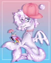 Size: 1515x1851 | Tagged: safe, artist:chazmazda, derpibooru import, oc, pony, shark, accessories, background, cap, commission, commissions open, drink, fangs, food, gradient background, happy, hat, highlight, highlighted, highlights, image, jelly, jewelry, necklace, photo, pink, pink lemonade (r63), png, sanpback, shade, shading, sitting, smiling, solo, straw, tail, umbrella, wings