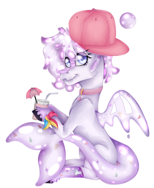 Size: 1515x1851 | Tagged: safe, artist:chazmazda, derpibooru import, oc, pony, shark, accessories, background, cap, commission, commissions open, drink, fangs, food, happy, hat, highlight, highlighted, highlights, image, jelly, jewelry, necklace, photo, pink, pink lemonade (r63), png, sanpback, shade, shading, simple background, sitting, smiling, solo, straw, tail, transparent, transparent background, umbrella, wings