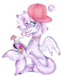Size: 1515x1851 | Tagged: safe, artist:chazmazda, derpibooru import, oc, pony, shark, accessories, background, cap, commission, commissions open, drink, fangs, food, happy, hat, highlight, highlighted, highlights, image, jelly, jewelry, necklace, photo, pink, pink lemonade (r63), png, sanpback, shade, shading, simple background, sitting, smiling, solo, straw, tail, transparent, transparent background, umbrella, wings