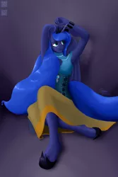 Size: 2100x3150 | Tagged: safe, artist:alicorn-without-horn, derpibooru import, princess luna, alicorn, anthro, unguligrade anthro, arm behind head, bracelet, clothes, corset, dress, image, jewelry, looking away, png, regalia, solo