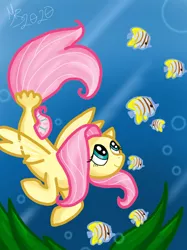 Size: 1280x1708 | Tagged: safe, artist:ebonyjewelwing, derpibooru import, fluttershy, fish, pegasus, pony, seapony (g4), bubble, crepuscular rays, dorsal fin, female, fish tail, flowing tail, green eyes, image, jpeg, looking up, ocean, pink mane, seaponified, seapony fluttershy, seaweed, signature, smiling, solo, species swap, swimming, tail, underwater, water, wings