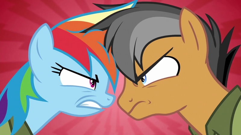 Size: 1280x720 | Tagged: safe, derpibooru import, screencap, quibble pants, rainbow dash, earth pony, pegasus, pony, season 6, stranger than fan fiction, angry, duo, female, image, looking at each other, male, mare, png, stallion, teeth