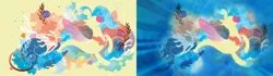 Size: 3840x1080 | Tagged: safe, artist:conniethecasanova, derpibooru import, edit, princess skystar, shelldon, shelly, seapony (g4), my little pony: the movie, blue mane, bubble, coral, female, fins, fin wings, fish tail, flower, flower in hair, freckles, image, jewelry, lineless, necklace, ocean, open mouth, pearl necklace, png, seashell, seaweed, silhouette, smiling, solo, swimming, tail, underwater, wallpaper, water, wings