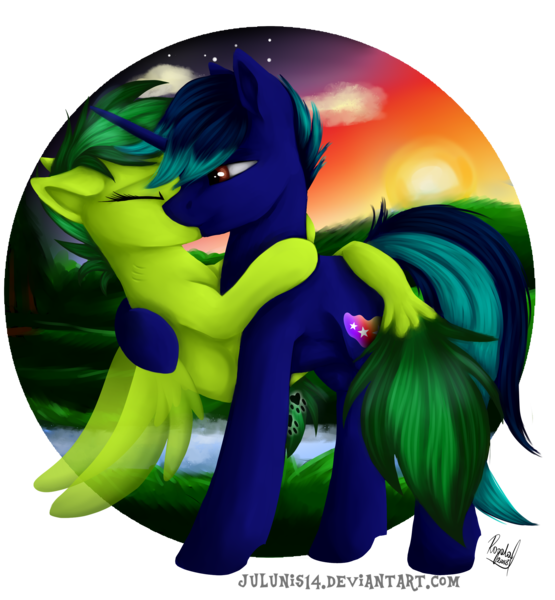 Size: 2296x2480 | Tagged: safe, artist:julunis14, derpibooru import, oc, unofficial characters only, pony, seapony (g4), unicorn, blue mane, clothes, commission, dorsal fin, eyes closed, female, fin wings, fish tail, grass, green mane, horn, image, kissing, png, red eyes, see-through, shipping, simple background, sky, smiling, stars, sun, sunlight, sunset, tail, transparent background, water, wings, ych result