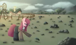 Size: 2048x1224 | Tagged: safe, artist:menalia, derpibooru import, pinkie pie, earth pony, pony, chromatic aberration, clothes, cloud, female, fence, house, image, mare, mountain, pants, pinkamena diane pie, png, rock, rock farm, sad, shirt, shoes, sweater, tree