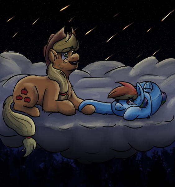 Size: 3000x3200 | Tagged: safe, artist:applejackofalltrades, derpibooru import, applejack, rainbow dash, earth pony, pegasus, pony, appledash, cloud, female, hoof hold, image, lesbian, loving gaze, meteor shower, night, on a cloud, png, shipping, smiling, stargazing